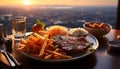 Grilled beef steak with fries, gourmet meal on outdoor table generated by AI Royalty Free Stock Photo