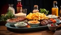 Grilled beef steak, fries, salad a savory outdoor meal generated by AI Royalty Free Stock Photo