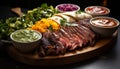 Grilled beef steak with guacamole, gourmet sauce, and fresh vegetables generated by AI