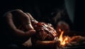 Grilled beef steak held by human hand over glowing coals generated by AI Royalty Free Stock Photo