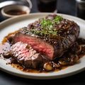 Grilled beef steak with mushrooms and thyme on a white plate. AI Generative
