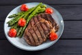 Grilled beef steak ribeye with cherry tomatoes and asparagus