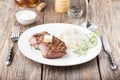 Grilled beef steak with rice and rosemary Royalty Free Stock Photo