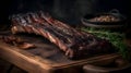 Grilled beef steak with rosemary, lamb chops, pork ribs, cutting kitchen wooden board