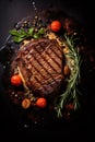 Grilled beef steak with rosemary and vegetables on a black background