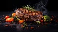 Grilled beef steak with rosemary and vegetables on a black background