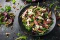 Grilled Beef Steak salad with pears, walnuts and greens vegetables and blue cheese sauce. healthy food. Royalty Free Stock Photo