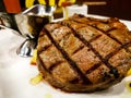 Grilled beef steak served with mashed potatoes and vegetables. Royalty Free Stock Photo