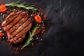 Grilled beef steak with spices, herbs, seasoning on dark black wooden board background, top down view, text copy space view