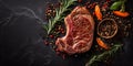 Grilled beef steak with spices, herbs, seasoning on dark black wooden board background, top down view, text copy space