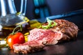 Grilled Beef steak with vegetable decoration. Grilled porterhouse steak on slate board. Royalty Free Stock Photo