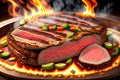 Grilled beef steak with vegetable on the flaming grill by AI Generated