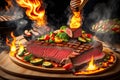Grilled beef steak with vegetable on the flaming grill by AI Generated