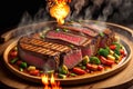 Grilled beef steak with vegetable on the flaming grill by AI Generated