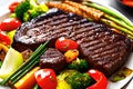 Grilled beef steak with vegetable on the flaming grill Royalty Free Stock Photo