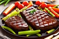 Grilled beef steak with vegetable on the flaming grill Royalty Free Stock Photo