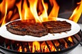 Grilled beef steak with vegetable on the flaming grill Royalty Free Stock Photo