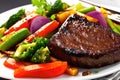 Grilled beef steak with vegetable on the flaming grill Royalty Free Stock Photo