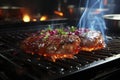 Grilled beef steak with vegetables, barbecue with fire and smoke, AI Generated