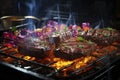 Grilled beef steak with vegetables, barbecue with fire and smoke, AI Generated