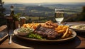 Grilled beef steak, wine, and fresh vegetables on outdoor table generated by AI Royalty Free Stock Photo