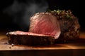 Grilled beef steak on a wooden board with smoke on a dark background.