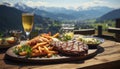 Grilled beef steak on wooden table, enjoying outdoor picnic generated by AI Royalty Free Stock Photo