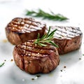 Grilled beef steaks with rosemary and salt on white background.