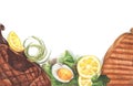 Grilled beef steaks and salad with boiled eggs. Top view with copy space for your text. Watercolor illustration Royalty Free Stock Photo