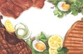 Grilled beef steaks and salad with boiled eggs. Top view with copy space for your text. Watercolor illustration Royalty Free Stock Photo