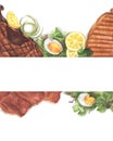 Grilled beef steaks and salad with boiled eggs. Top view with copy space for your text. Watercolor illustration Royalty Free Stock Photo