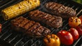 Cooking Steaks, Corn, and Tomatoes on a Barbecue Grill Outdoors in Summertime Royalty Free Stock Photo