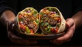 Grilled beef taco, fresh ingredients, ready to eat Mexican meal generated by AI Royalty Free Stock Photo