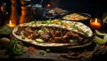 Grilled beef taco, fresh vegetable, homemade guacamole, rustic flatbread generated by AI