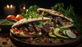 Grilled beef taco, fresh vegetables, homemade guacamole on flatbread generated by AI