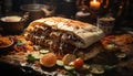 Grilled beef taco, fresh vegetables, homemade guacamole, rustic flatbread generated by AI