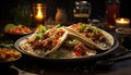 Grilled beef taco on a rustic wooden plate, ready to eat generated by AI