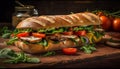 Grilled beef and vegetable ciabatta sandwich meal generated by AI