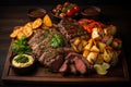 Grilled beefsteak with baked potatoes and sauce on wooden board