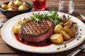 Grilled Beefsteak with Grilled Potatoes In A White Plate
