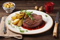 Grilled Beefsteak with Potatoes and Hot Tomato Sauce Royalty Free Stock Photo