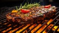 Grilled big juicy steaks on barbecue grill. Close-up of barbecues cooking grilling on charcoal with flames. BBQ sirloin steaks