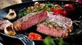 Grilled Black Angus Steak Striploin on frying cast iron Grill pan on dark background.