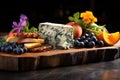 grilled blue cheese on cedar plank with fruit garnish