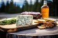grilled blue cheese and cedar plank on picnic table