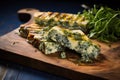 grilled blue cheese with herbs on plank