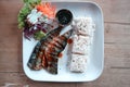 Grilled blue mackerel, grilled fish and rice