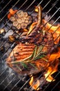 Grilled bone-in pork chop, pork steak, tomahawk in a rosemary-garlic marinade on a flaming grill