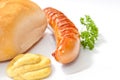 Grilled Bratwurst with mustard, bread Royalty Free Stock Photo