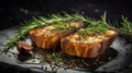 Grilled Bread With Parmesan Cheese And Rosemary On Dark Background